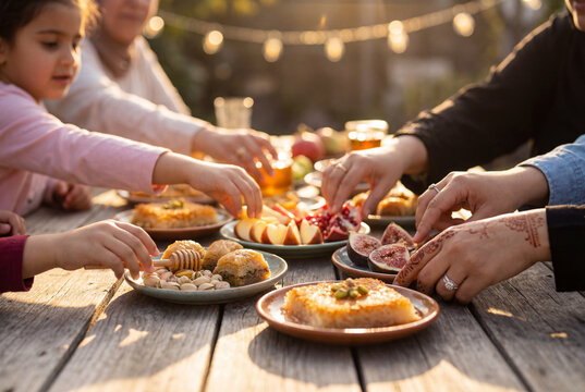 Family hands sharing middle eastern pastries and fresh fruits on an outdoor wooden dining table