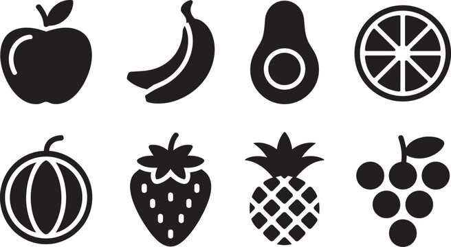 Assorted fruit icons set including apple, bananas, avocado, orange slice, watermelon, strawberry, pineapple, and grapes and healthy food, user