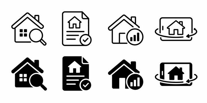 Real estate icons set: search, document, statistics, virtual tour