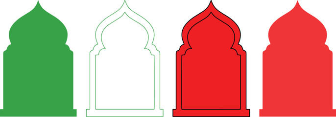 イスラム建築の美しいモスク窓枠、ラマダンやイード祭に最適な伝統的なアラビア風デザイン、緑と赤のシルエットとアウトラインのベクター素材セット © AnilaStudio