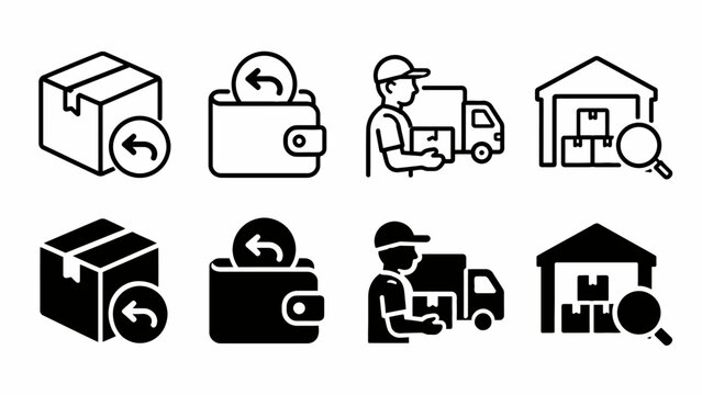 Icons of package returns and logistics with delivery personnel and storage