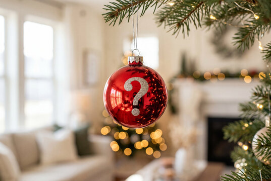 Red christmas bauble with a silver question mark hanging on a tree in a living room