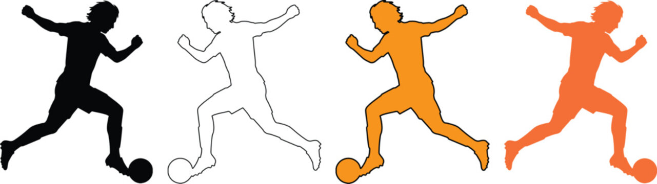 サッカー選手シルエットコレクション、ボールを蹴る男性アスリートのベクターイラストセット、スポーツイベントやチームロゴデザインに最適なグラフィック素材