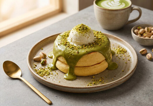  Fluffy Japanese Souffle Pancake Drizzled with Green Pistachio Cream and Vanilla Ice Cream