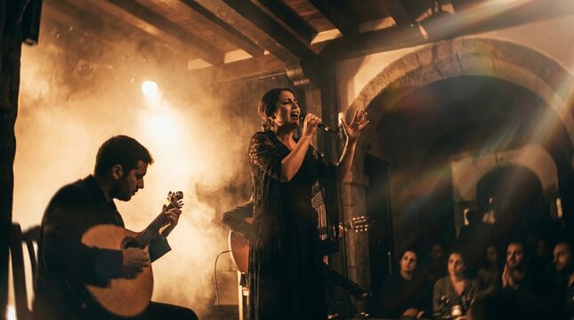 Fado singer performs with guitarists in a dimly lit venue with an audience. Portuguese Heritage Music