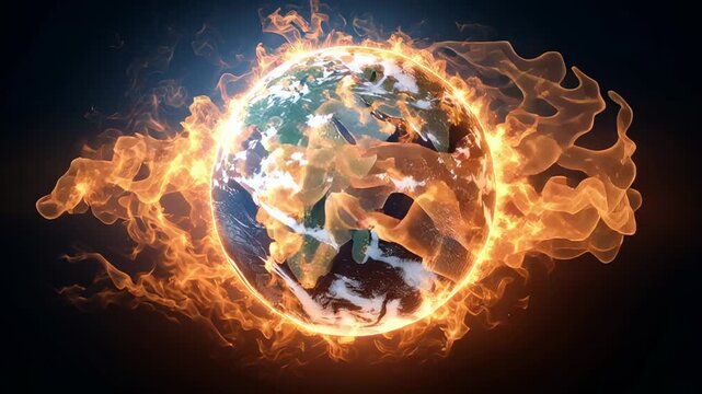 Earth engulfed in fierce flames, symbolizing the urgent environmental crisis of global warming and escalating climate change threatening ecosystems and the planet's future
