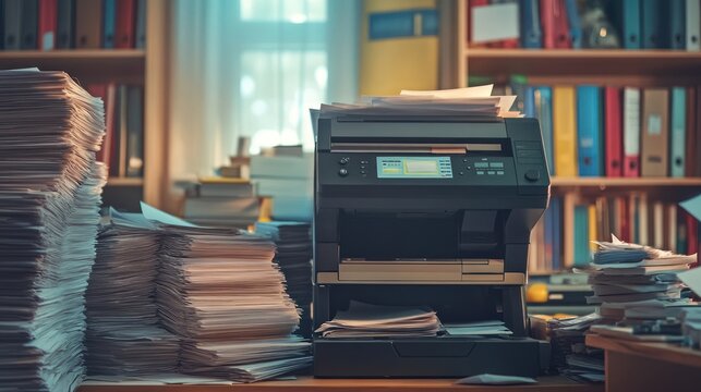 A cluttered office scene with a printer, piles of paper, shelves, and soft lighting