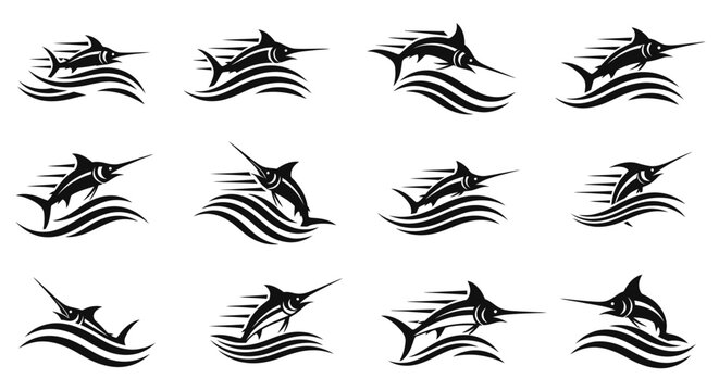 Black marlin fish swimming wave icons.