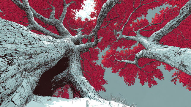 Dramatic low-angle view of an ancient tree with striking red leaves against a muted grey sky in stylized digital art.