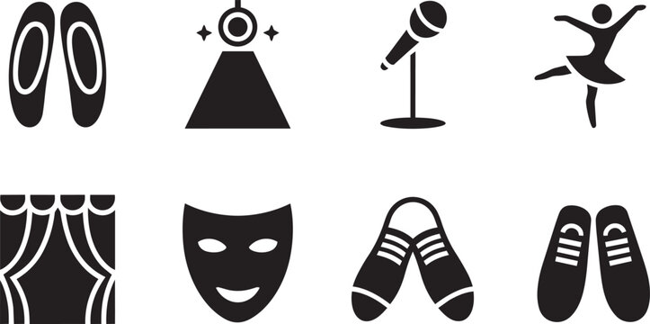 Modern performing arts and dance theatre icons set with ballerina, stage, and microphone and curtains, mask, and ballet shoes and pointe in solid