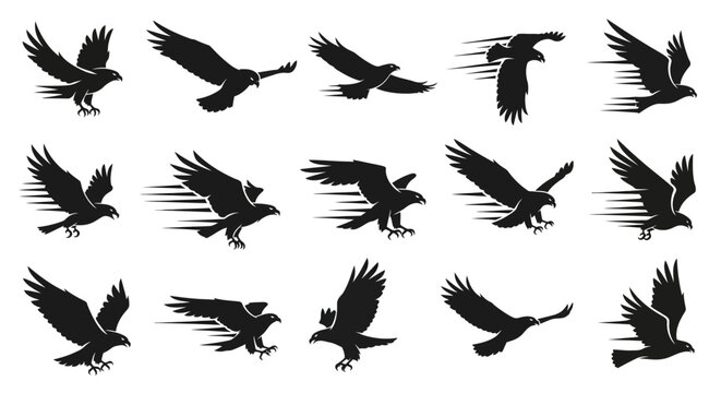 Collection of flying ravens in air.