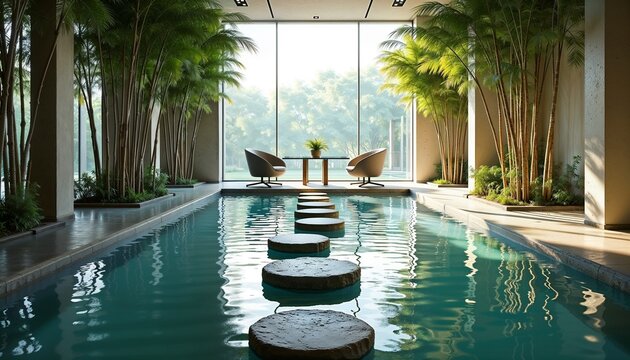 Modern lounge area with stepping stones across indoor water feature. Luxury resort lobby with palm tree and view of green garden. Calm meditation interior design for hotel spa wellness.