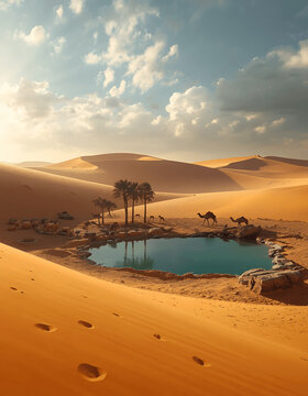 Realistic desert landscape with golden sand dunes under hot sunlight, a hidden oasis with palm trees and crystal-blue water, camels resting near water
