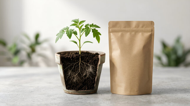 Seedling with mycorrhizal roots beside plain soil amendment pouch. Useful for biofertilizer, agritech, organic farming, and soil health marketing.