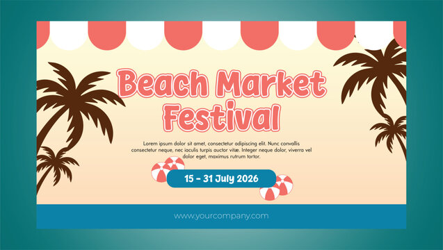 Beach Market Festival Shopping Summer Bazaar Event Invitation Banner Poster for Print or Social Media Instagram Post Design Concept