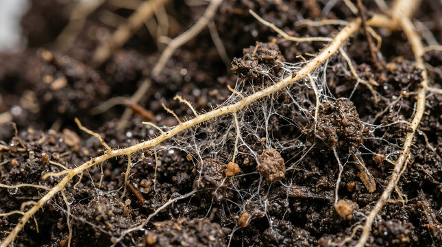 Close-up rhizosphere scene with roots, fungal hyphae, soil aggregates, and moisture. Ideal for soil microbiome, plant biology, and ecology education.