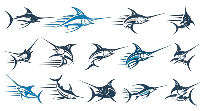 Multiple marlin fish in motion.