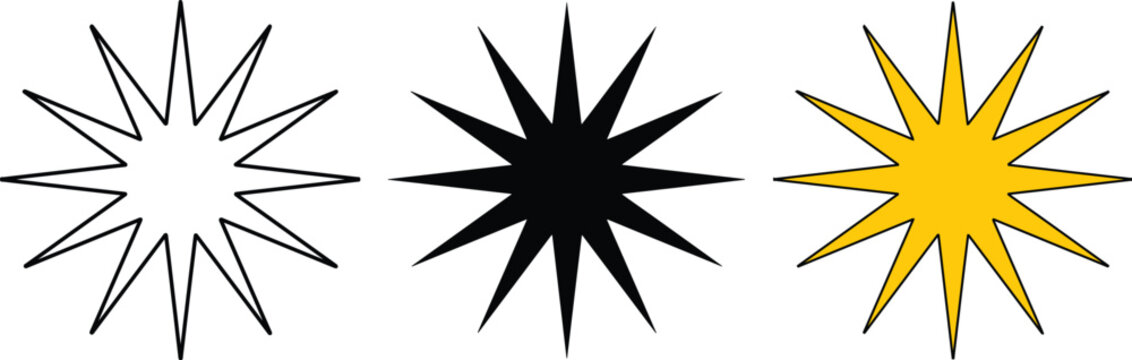輝く星のベクターイラストセット、光とエネルギーを表現するシンプルなデザイン、白黒と黄色の3種類の星形アイコン、ウェブサイトやグラフィックデザインに最適な閃光のシンボル