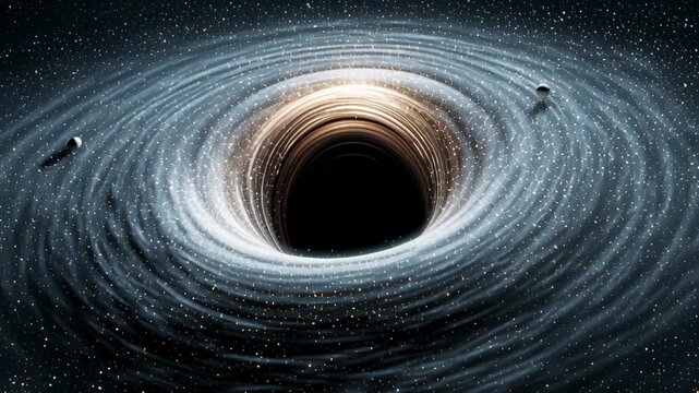 Black hole drawing in celestial matter from its glowing accretion disk against a star filled universe, representing cosmic power, mystery, and gravitational singularity