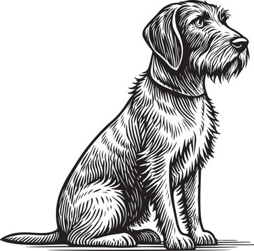 German Wirehaired Pointer Sporting Dog Breed Hand-drawn Sketch Drawing Vector Illustration, Line Linear Symbol Black and White Engraving, Isolated