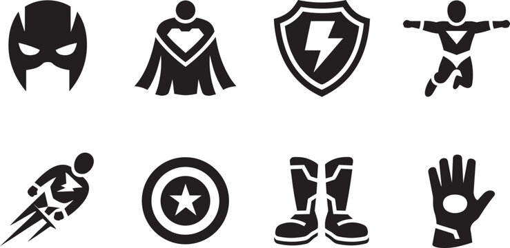 Superhero costume elements and symbols icons set and mask, cape, and shield in outline style