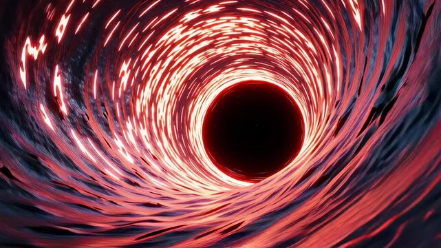 Black hole event horizon forming a glowing cosmic vortex and accretion disk, visualizing spacetime warp, gravity, singularity and vast, mysterious astrophysical power