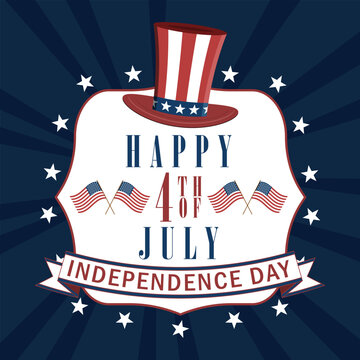 Happy 4th of July Independence Day vector greeting card. Patriotic USA background with Uncle Sam top hat, American flags, stars, and sunburst rays. Perfect for social media, banners, and posters.