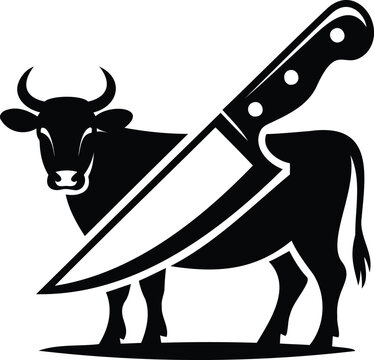 Black silhouette of bull with large knife stuck in its side on white background