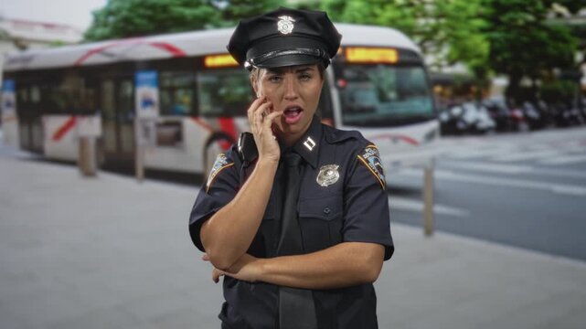 Woman police officer touching cheek with hand, arms crossed, standing on urban street by bus stop and sidewalk; concern thinking pondering.