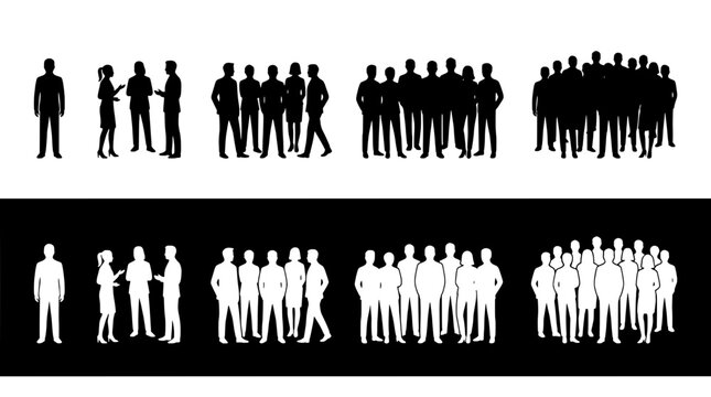 People silhouette set with varying group sizes and poses featuring crowd, individuals, black with white and vector elements for illustration, human