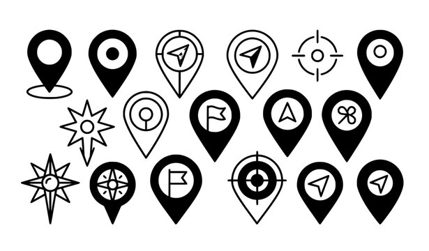 Black line art location icons set navigation and gps symbols