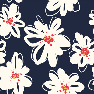 Seamless floral pattern with large white abstract flowers on a dark navy background. Modern hand drawn botanical design for textiles, wallpaper, packaging, and decor