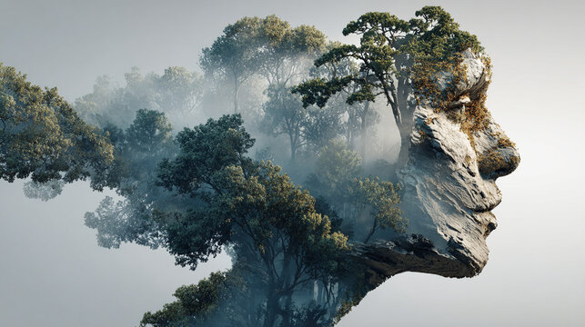 Human head merging with trees and nature scene in surreal artistic style