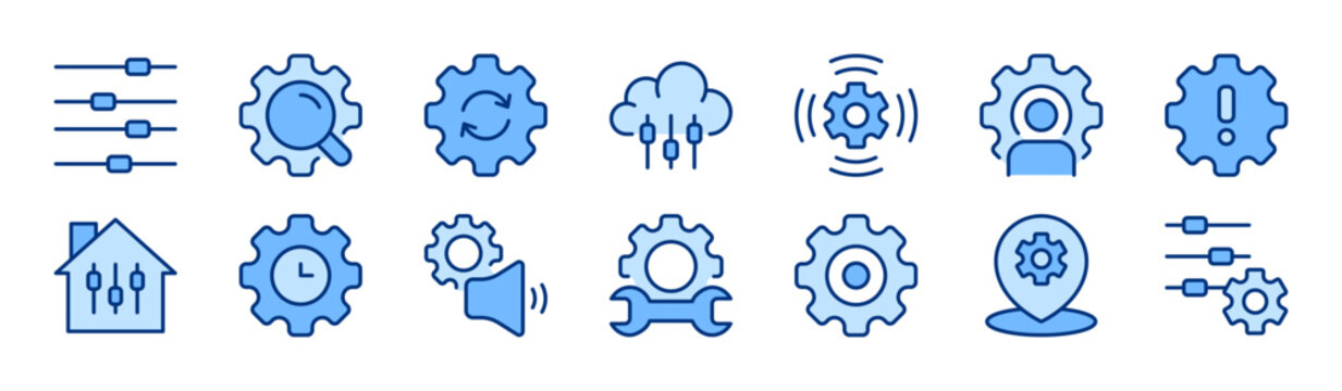 Setup & Settings filled icon set. Customization, Configuration, User Interface, Preferences concept. Blue vector gear icons collection.