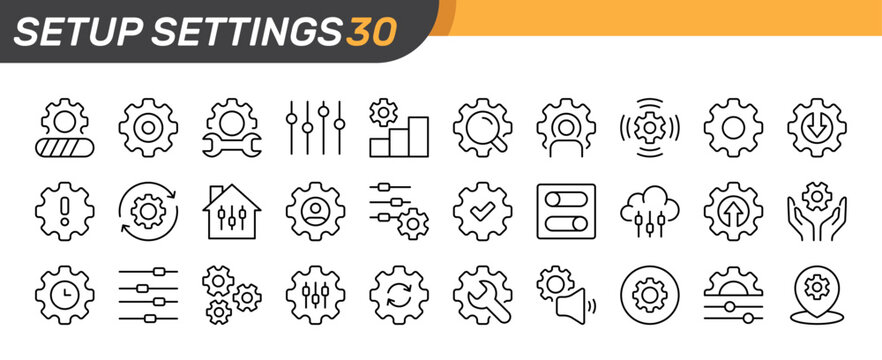 Setup & Settings thin line icon set. Customization, Configuration, User Interface, Preferences concept. Black outline vector gear icons collection.