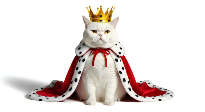 Regal white cat wearing a golden crown and red royal cape on a white background