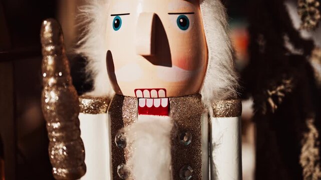 Classic wooden nutcracker soldier figurines and miniature timber house for festive christmas home decoration.