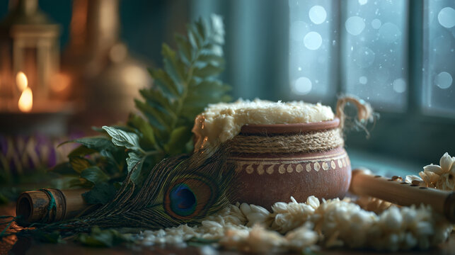 Sacred earthen matki pot filled with white butter prasad, decorated with peacock feather and jasmine flowers near window with bokeh lights for Krishna Janmashtami night ritual