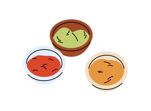 Little bowls of spicy sauces for eating. Jars with spices, flavoring- chilli pepper, curry, wasabi. Cups of seasoning, flavouring- ketchup, salsa. Flat isolated vector illustration on white background
