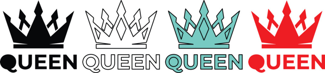 女王の王冠と「QUEEN」ロゴのベクターセット、黒、アウトライン、ミントグリーン、赤の4種類のデザイン、ロイヤリティと権力を象徴するエンブレム、ファッション、ブランド、イベントデザインに最適 © AnilaStudio