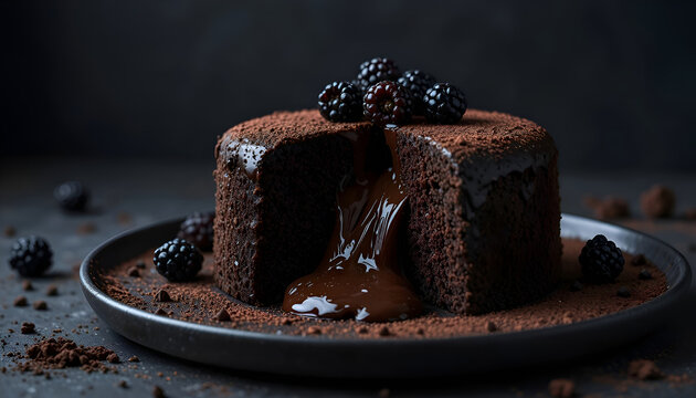 Premium dark food photography of gourmet chocolate fondant lava cake with molten center and fresh blackberries.