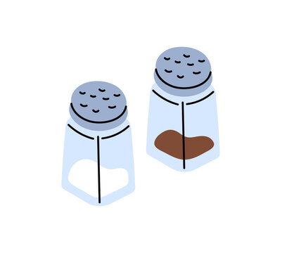 Pair of salt and black pepper shakers. Glass jars with spices. Container with seasoning for cooking food. Pots with flavoring powders for eating. Flat isolated vector illustration on white background