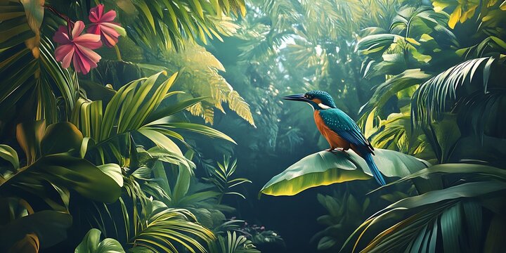Vibrant kingfisher bird rests peacefully upon a large green leaf nestled deep inside a lush and sunny tropical rainforest environment