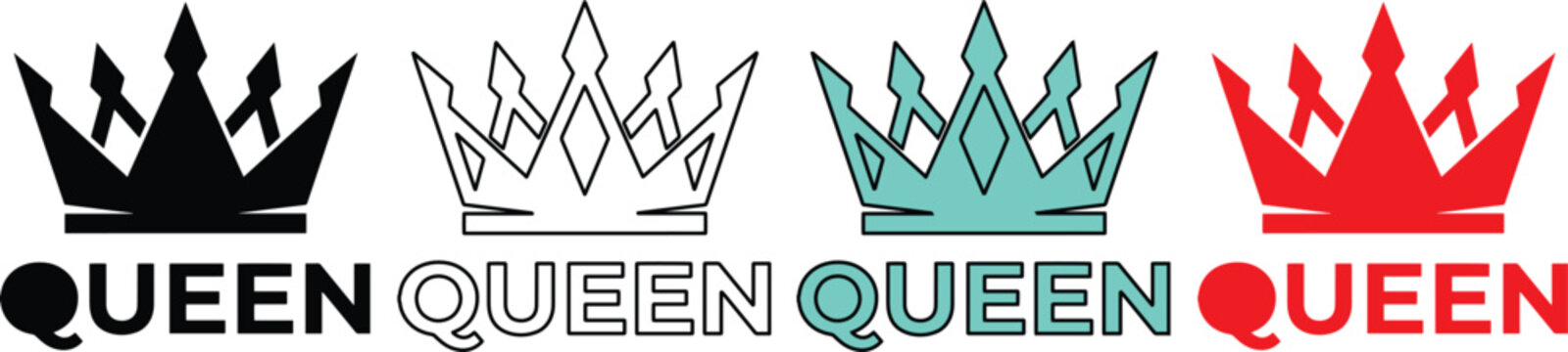 女王の王冠と「QUEEN」ロゴのベクターセット、黒、アウトライン、ミントグリーン、赤の4種類のデザイン、ロイヤリティと権力を象徴するエンブレム、ファッション、ブランド、イベントデザインに最適