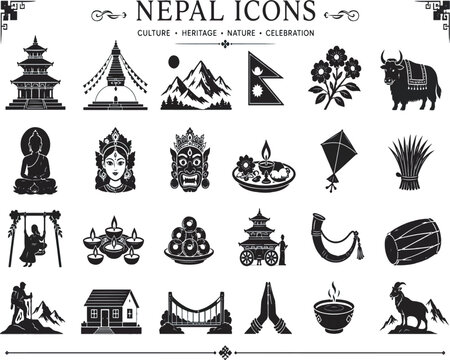 Nepal Culture and Heritage Silhouette Icons Set for Celebration and Nature