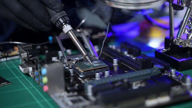 Closeup of expert soldering a green PCB board using precision tools. Ideal for electronics, circuit repair, engineering