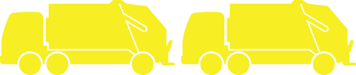 黄色いごみ収集車アイコンセット、環境保護とリサイクルを象徴するシンプルなベクターイラスト、廃棄物処理と清掃サービス向けのグラフィック素材 © AnilaStudio