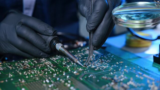 Closeup of expert soldering a green PCB board using precision tools. Ideal for electronics, circuit repair, engineering