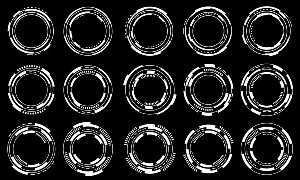 Set of sci fi white circle user interface elements technology futuristic design modern creative on black background vector