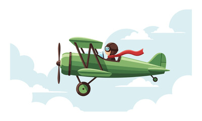 Green biplane airplane with pilot flying through clouds © Angela